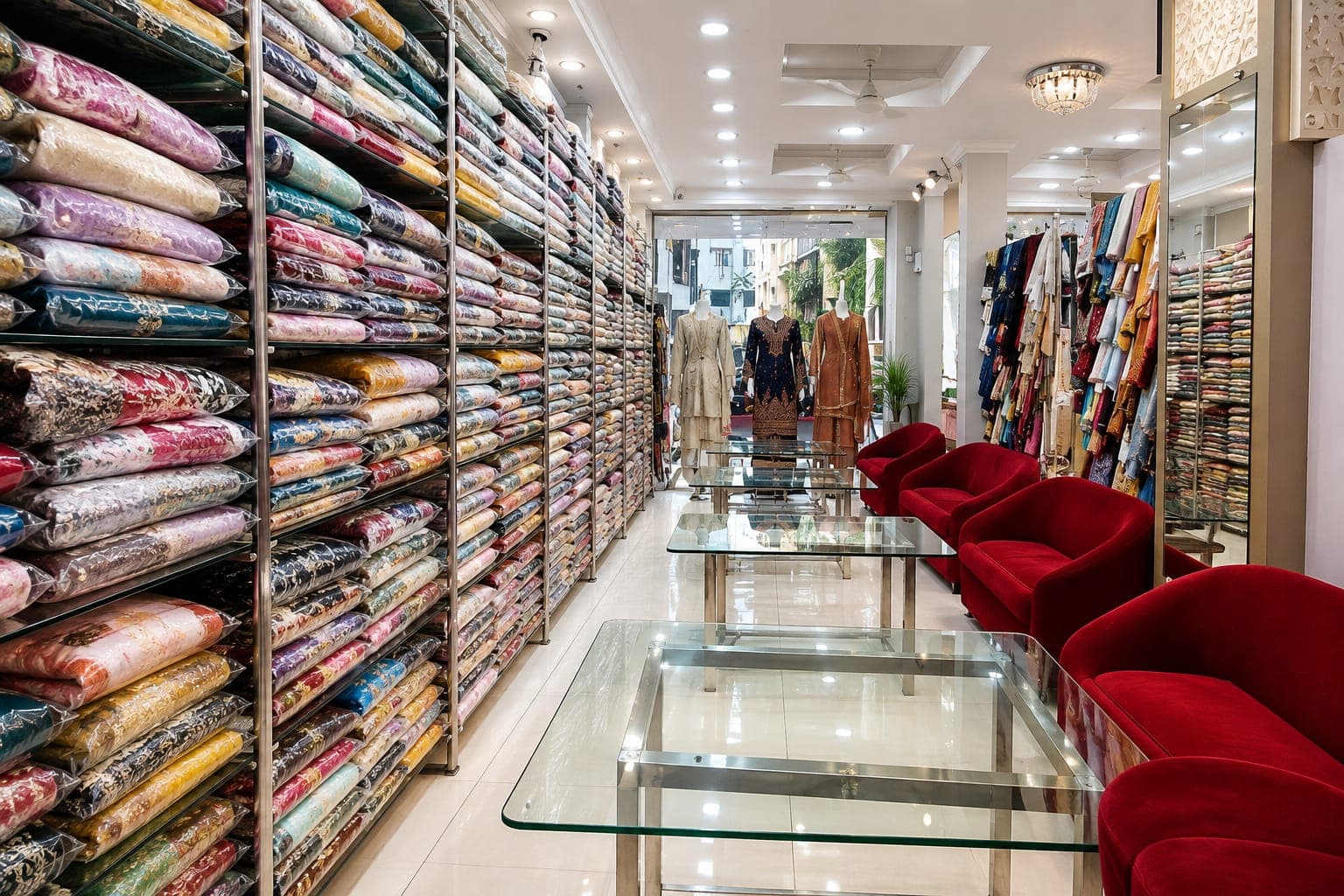 Shop aisle with fabric shelving, seating, and mannequins near the entrance