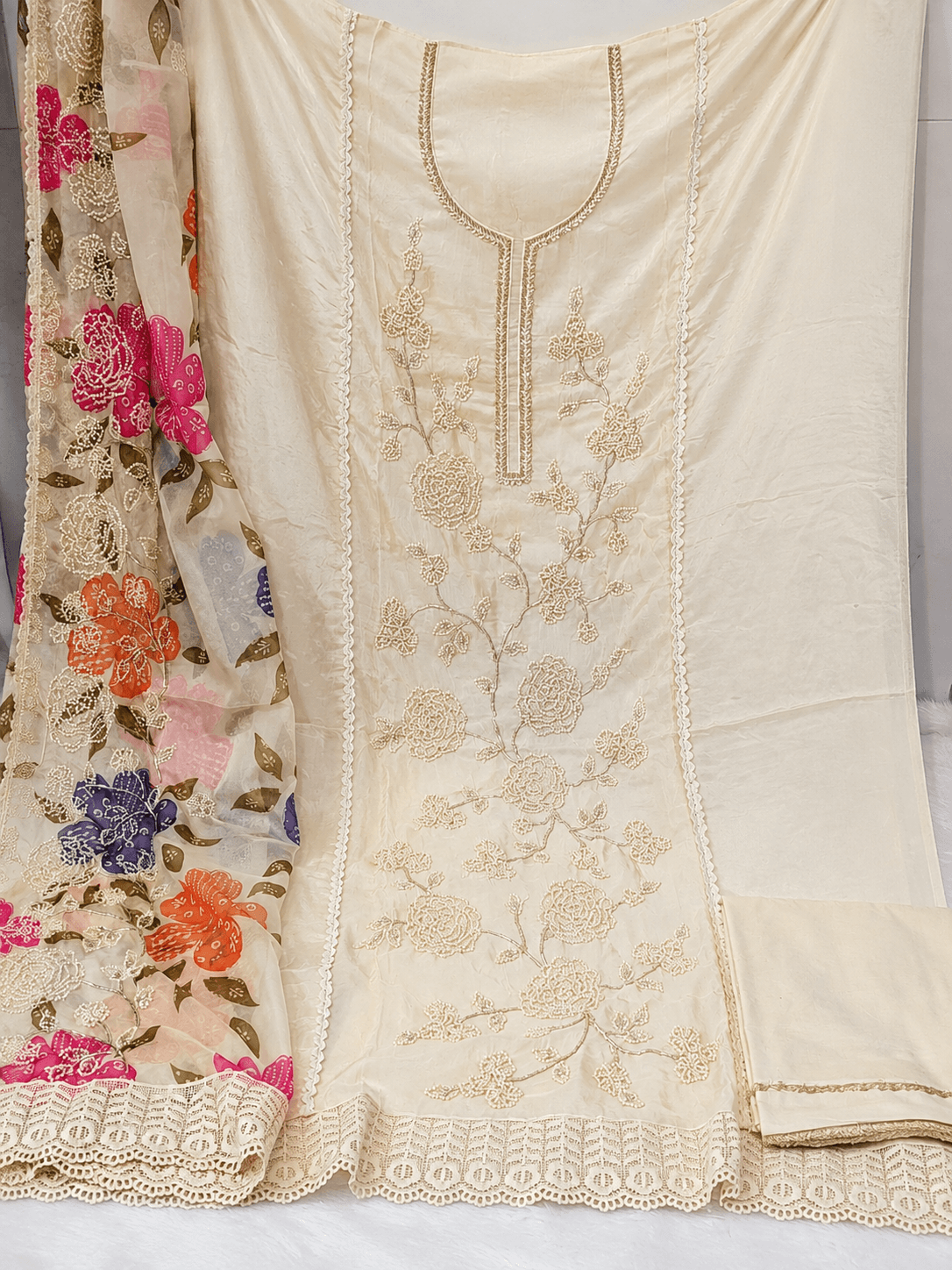 Ivory Floral Embroidered Dress Material