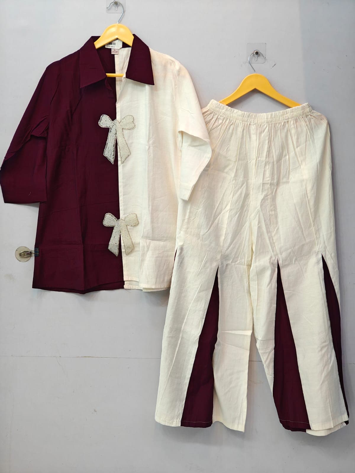 Wine & Cream Bow Detail Cord Set