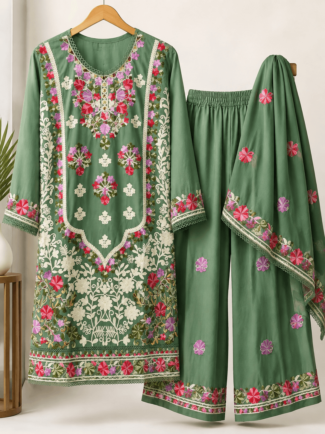 Kashmiri Elegant Sage Green 3-Piece Suit Set with Dupatta