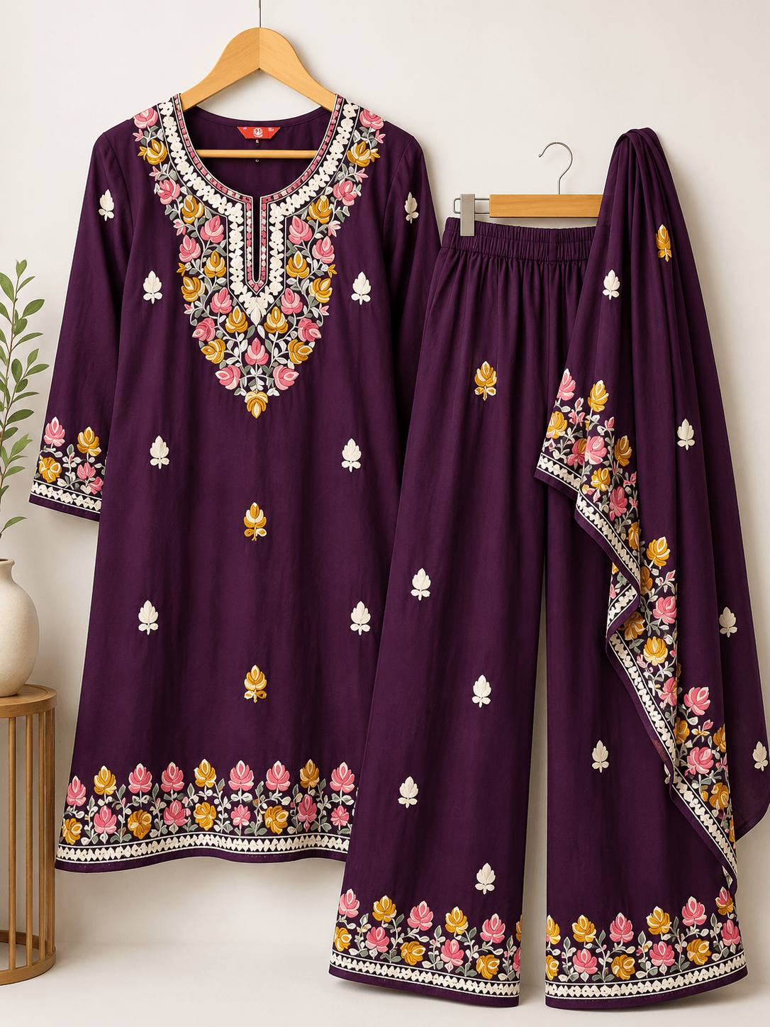 Kashmiri Elegant Plum Purple Floral Embroidered 3-Piece Suit
