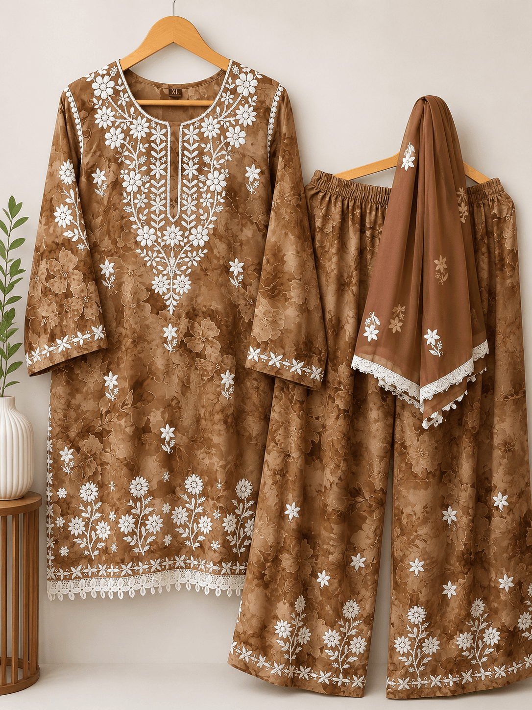 Lucknowi Coffee Brown Floral Embroidered 3-Piece Suit