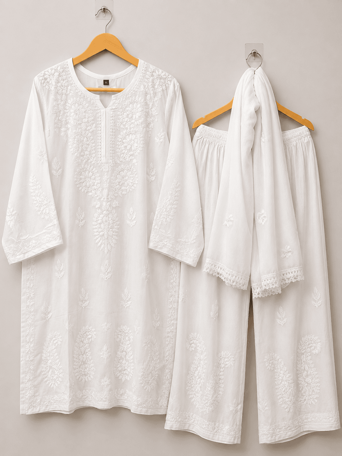 Lucknowi White Embroidered 3- Piece suit