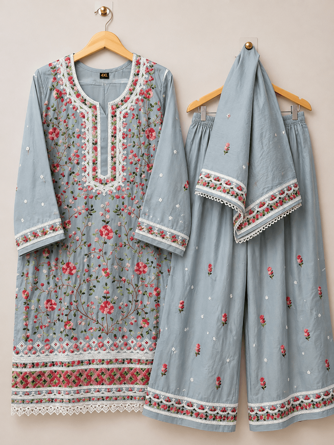 Lucknowi Floral Embroidered Rayon 3-Piece Suit