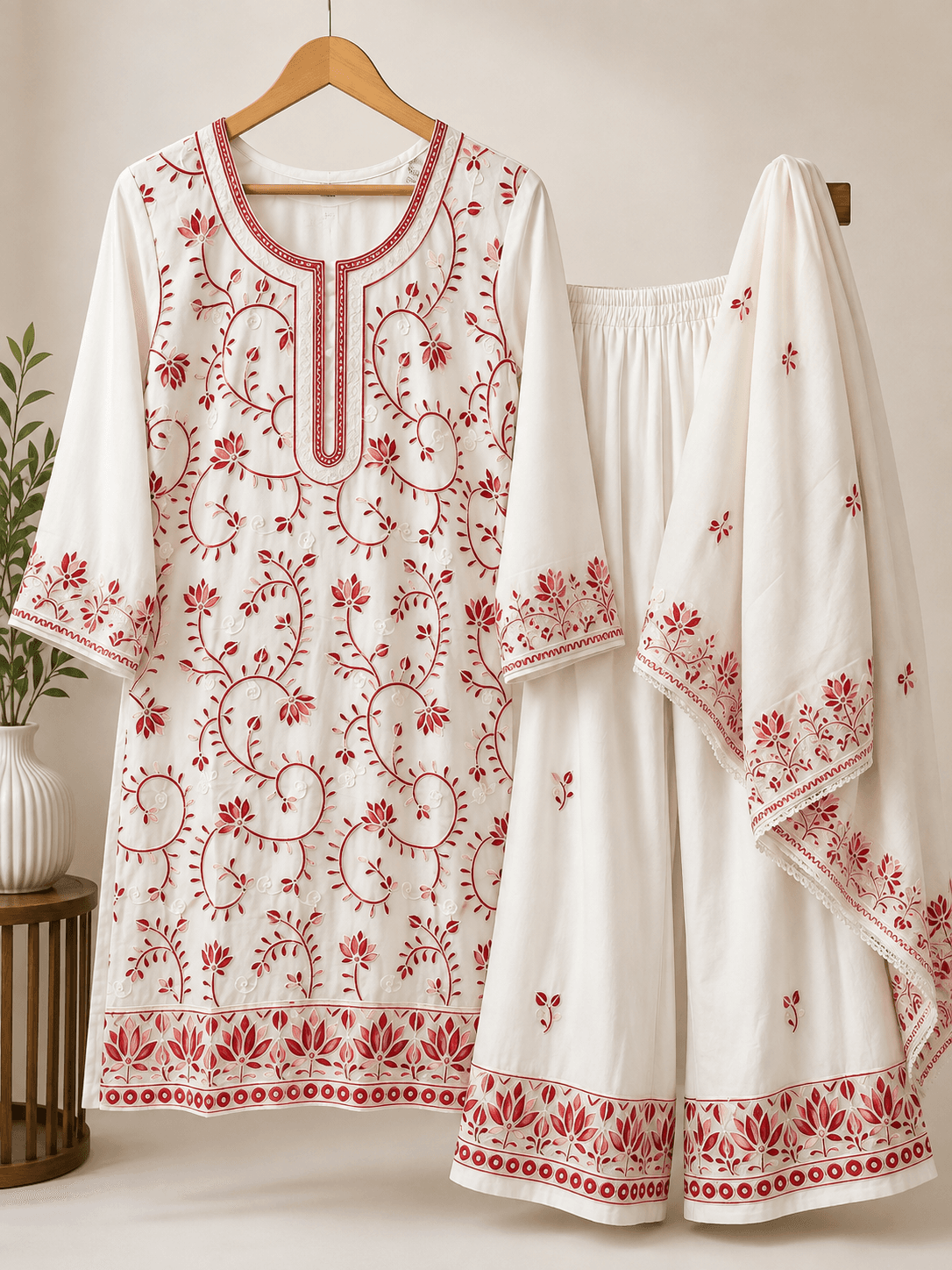 Kashmiri Elegant Ivory White Floral Embroidered 3-Piece Suit Set with Dupatta