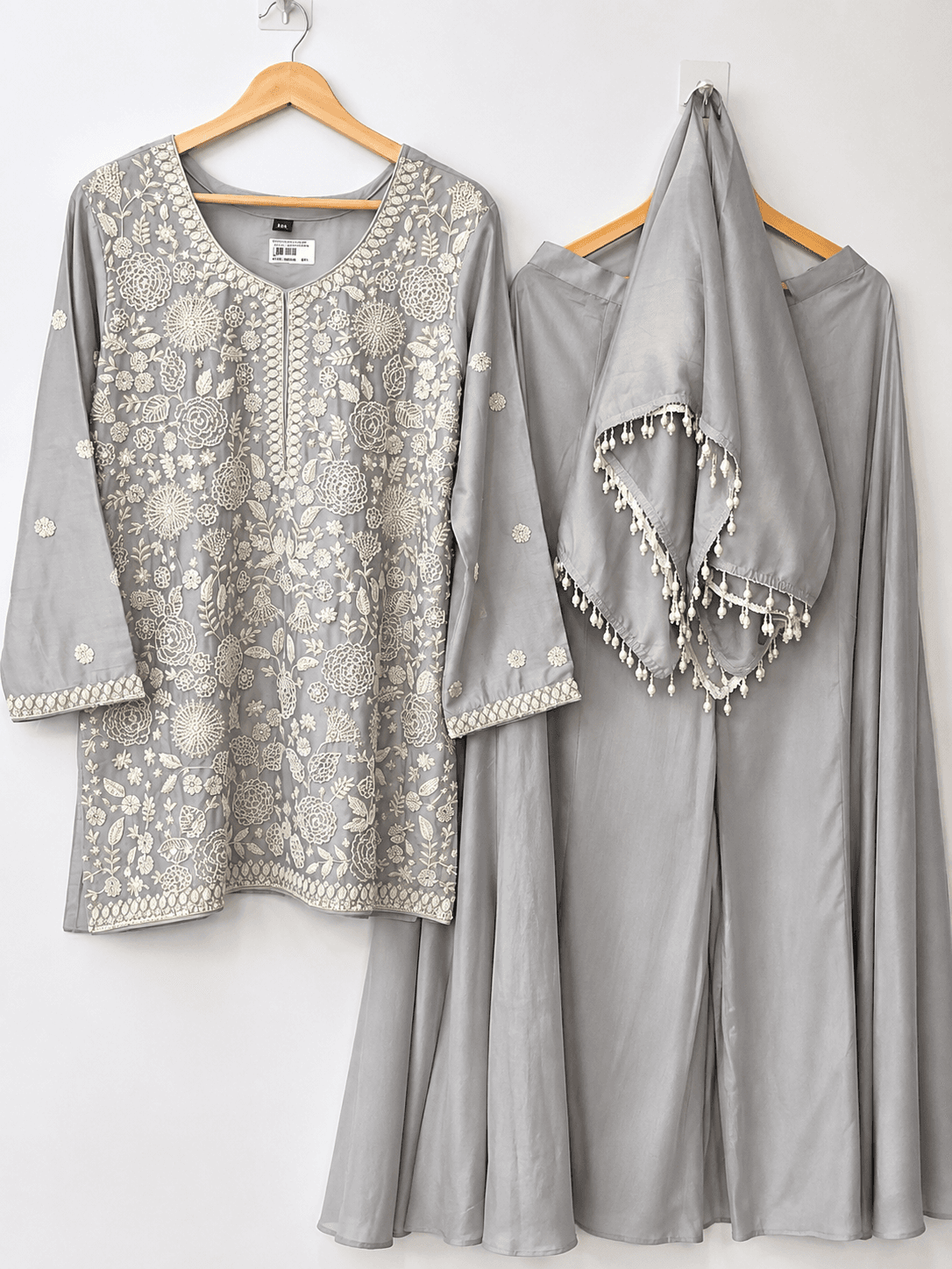 Silver Grey Short Kurta with Ghagra-Style Palazzo