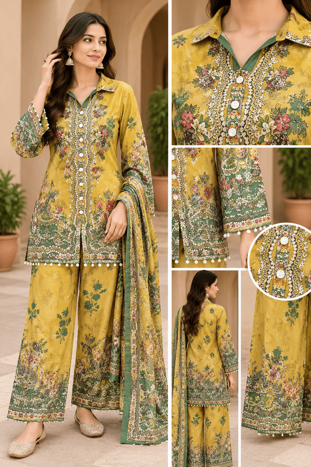 Mustard Yellow & Green Floral Printed Short Cord Set